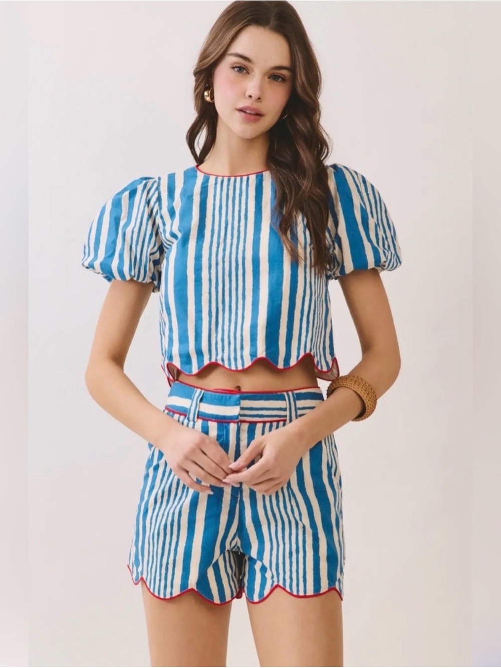 TCEC 2 Piece Set Blue and White Striped Women's Top and Shorts NWT